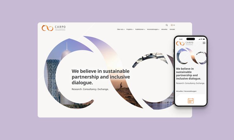 Mockup der responsive CARPO-Website auf Desktop und Smartphone mit animierter Logografik