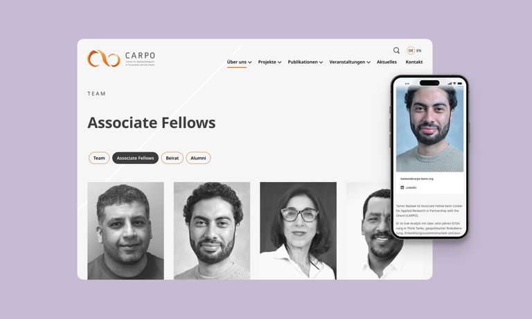 CARPO-Teamseite mit Porträts der Associate Fellows auf Desktop und Smartphone