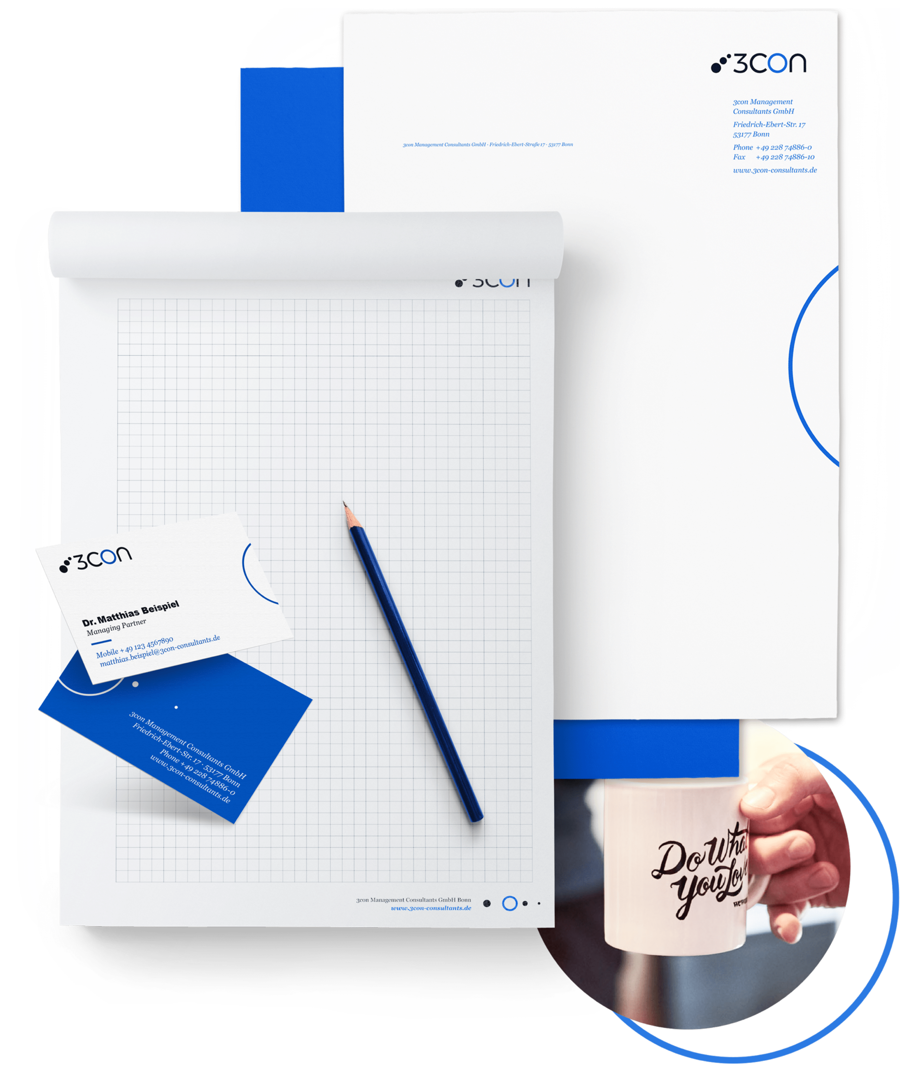 3con Corporate Design auf Briefbogen, Notizblock und Visitenkarte.
