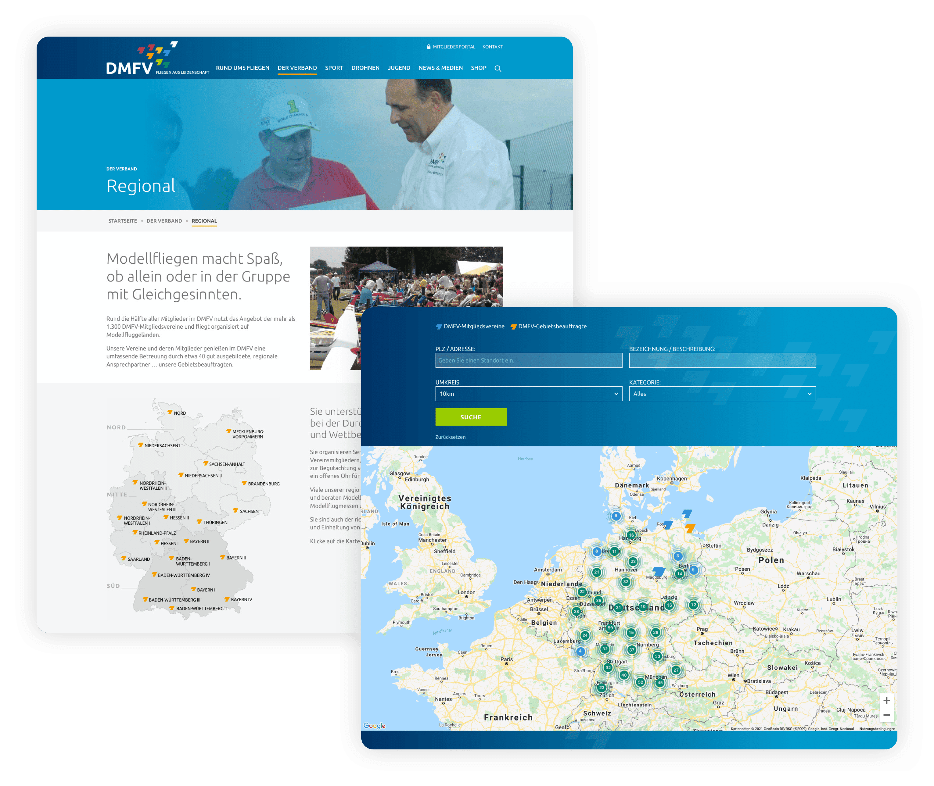 Webdesign DMFV Bonn Desktop-Ansicht Reginal und Umkreissuche