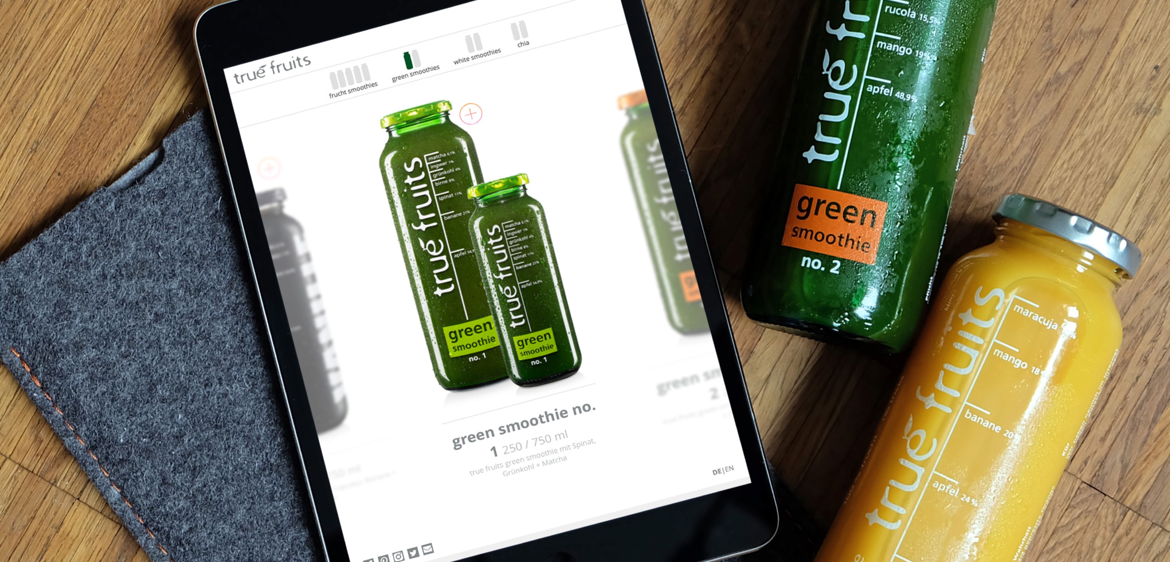 true fruits Webdesign auf iPad mit Smoothies.