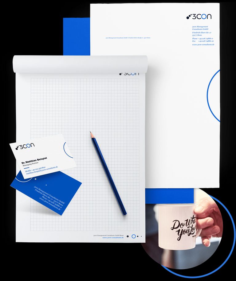 3con Corporate Design auf Briefbogen, Notizblock und Visitenkarte.