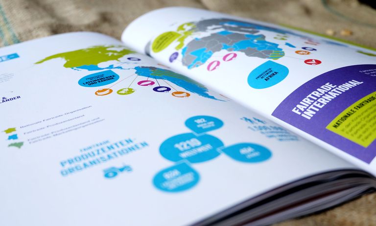 Fairtrade Katalog-CMS, Doppelseite mit Weltkarte der Produzenten und Organisationen
