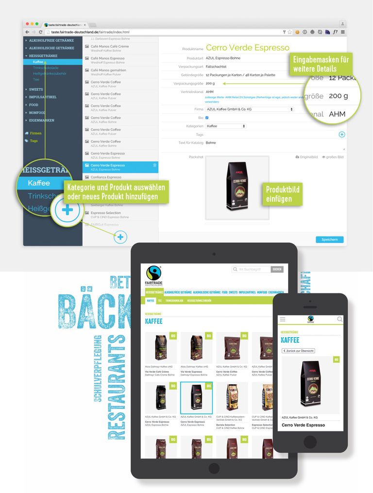 Web application Fairtrade, Eingabemaske CMS und Darstellung auf mobile devices