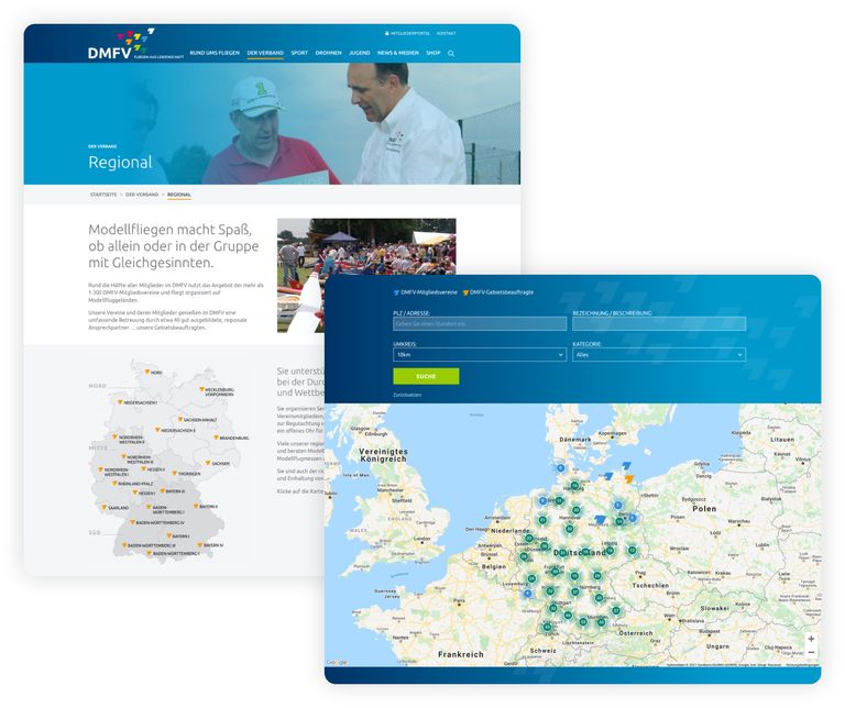 Webdesign DMFV Bonn Desktop-Ansicht Reginal und Umkreissuche