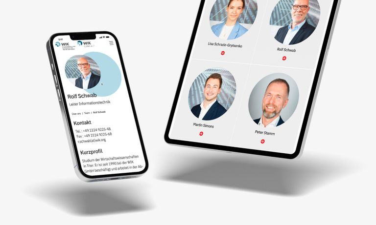 Webdesign WIK, Teamseite Darstellung auf iPad und iPhone