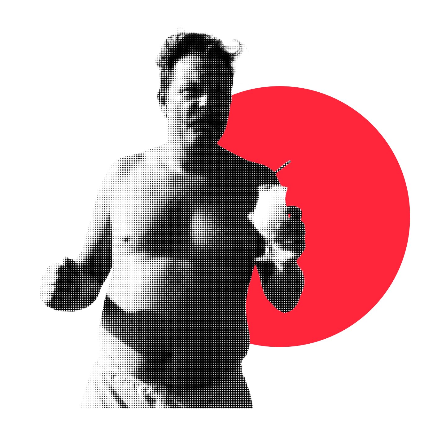 Gestalten - Design – Ein beleibter Mann in Badehose mit Cocktailglas.